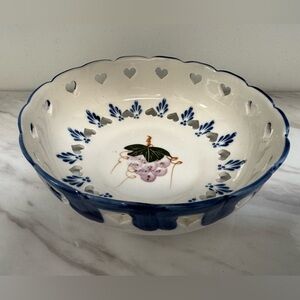 Vintage Porcelain Grapes leaf Bowl Open Hearts Blue Dish Decorative 6"